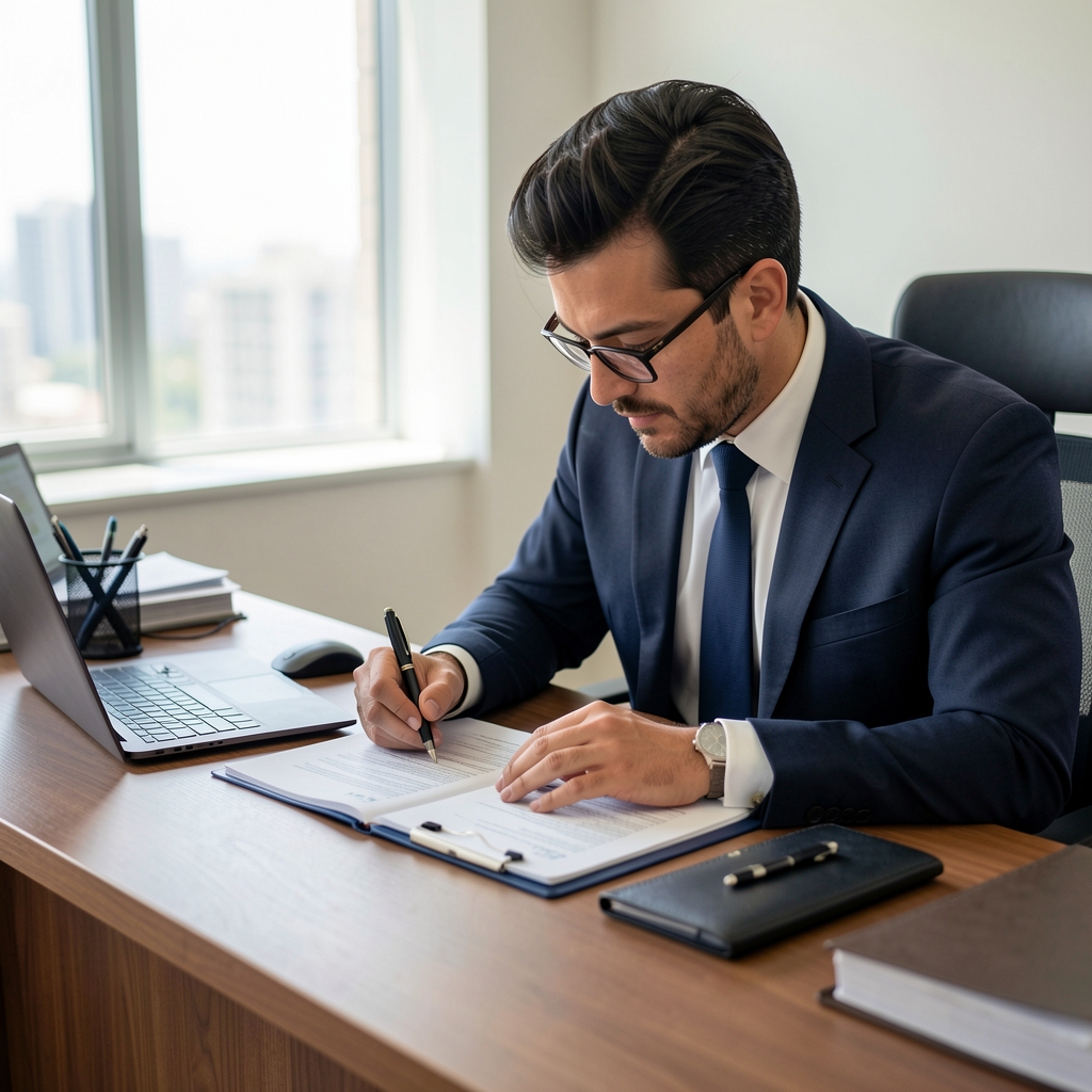 Auditor contable revisando documentación financiera con una lupa y notas en un escritorio de oficina