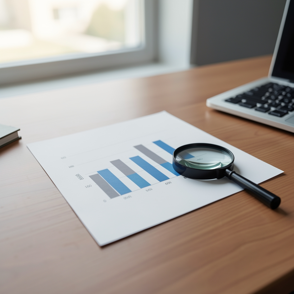 Balance general impreso junto a gráficos de barras y una lupa sobre un escritorio de oficina