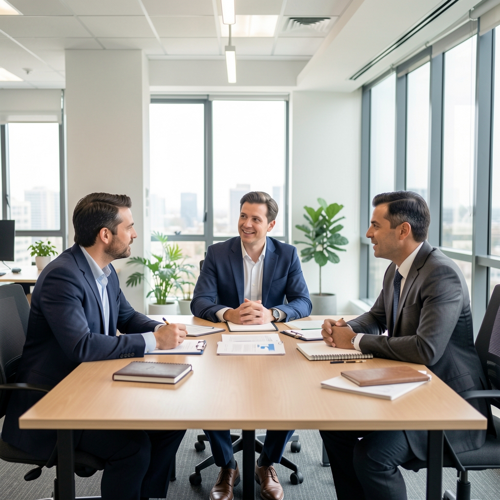 Grupo de tres profesionales contables conversando alrededor de una mesa con documentos y notebooks en una oficina moderna