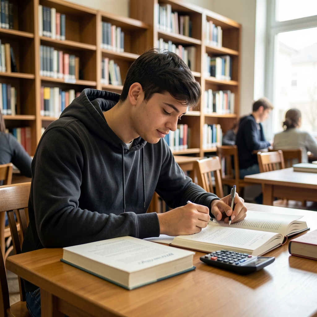 Estudiante universitario de ciencias económicas estudiando con libros y una calculadora en una biblioteca