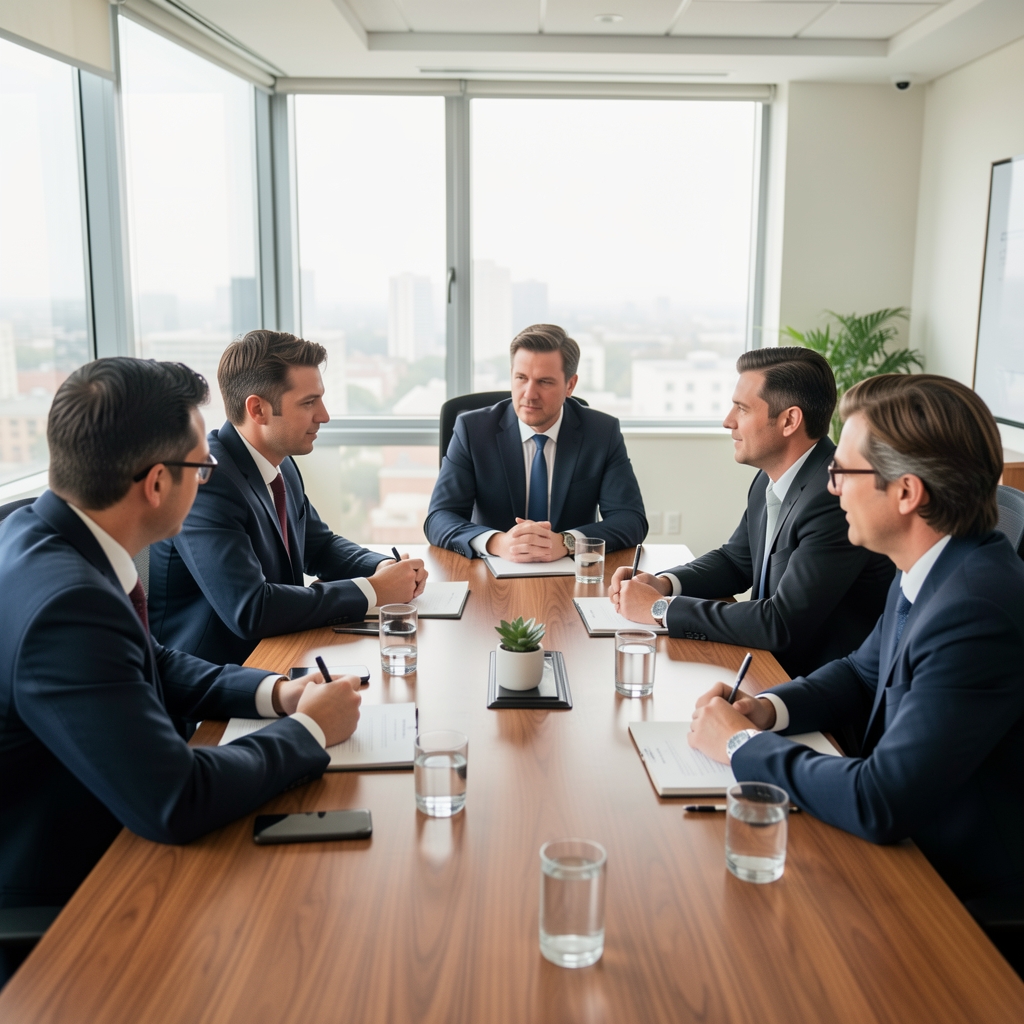 Reunión de profesionales contables discutiendo un código de ética alrededor de una mesa de conferencias