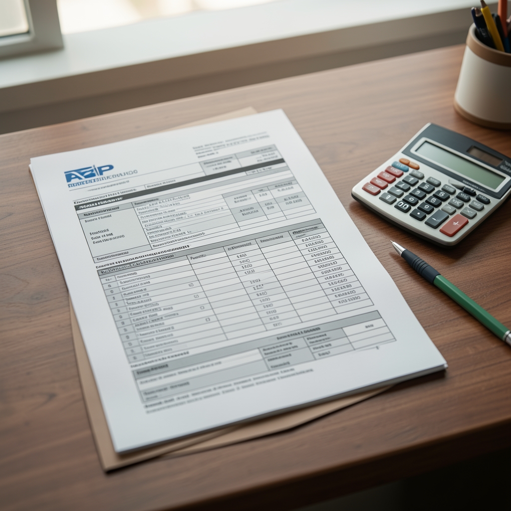 Formularios de impuestos de AFIP sobre un escritorio junto a una calculadora y una lapicera