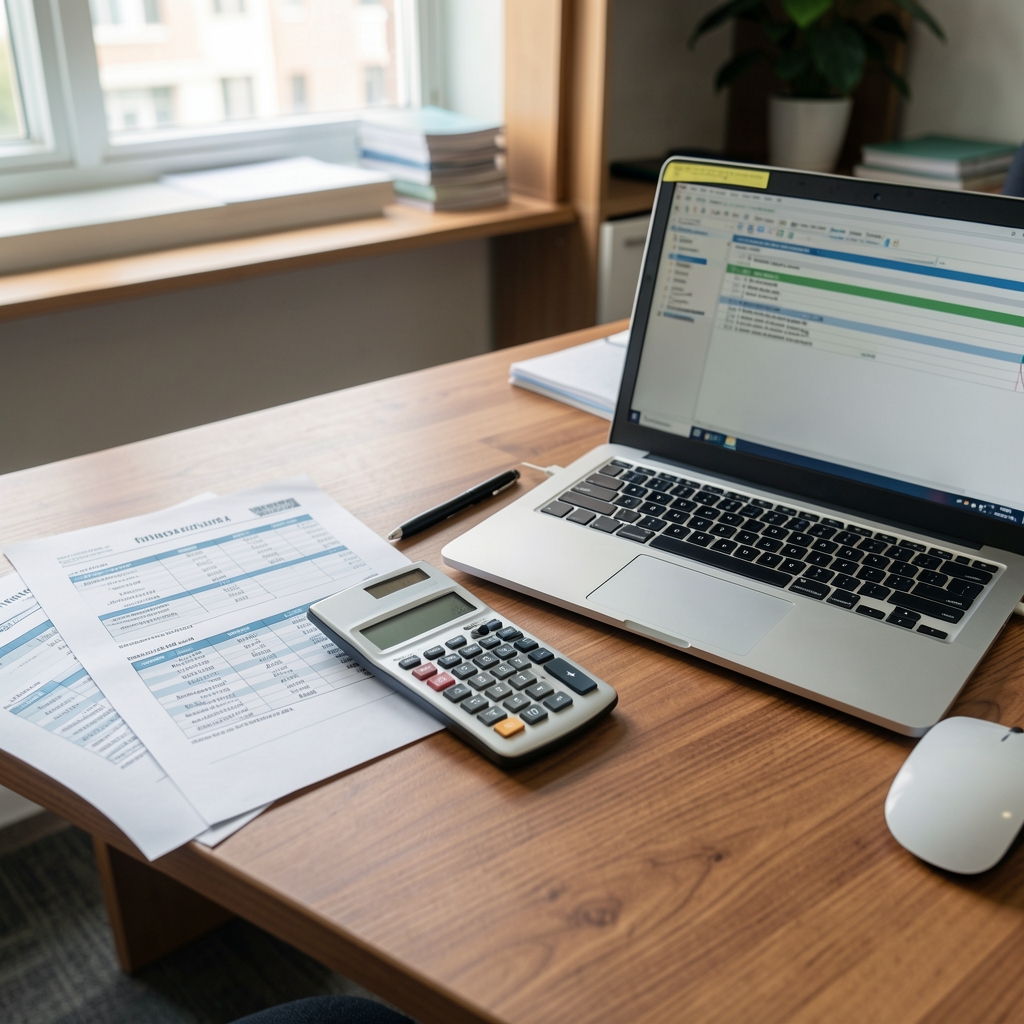 Escritorio de oficina contable en Buenos Aires con balances impresos, calculadora y computadora portátil sobre una mesa de madera