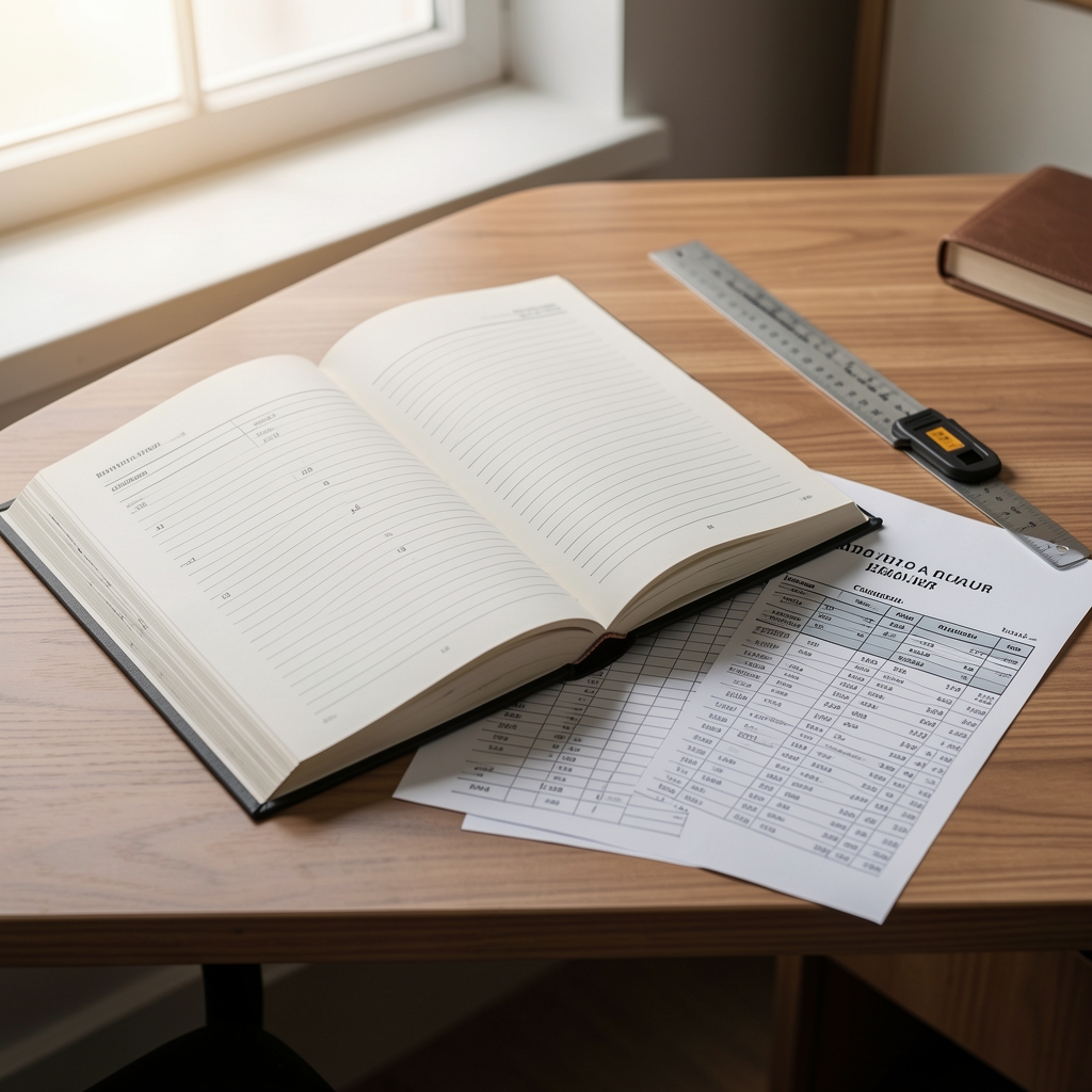 Libro mayor contable abierto sobre un escritorio junto a una regla y un plan de cuentas impreso