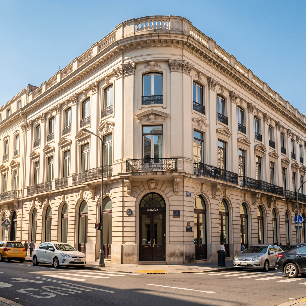 Fachada de un edificio de oficinas clásico sobre la avenida Corrientes en Buenos Aires en un día soleado
