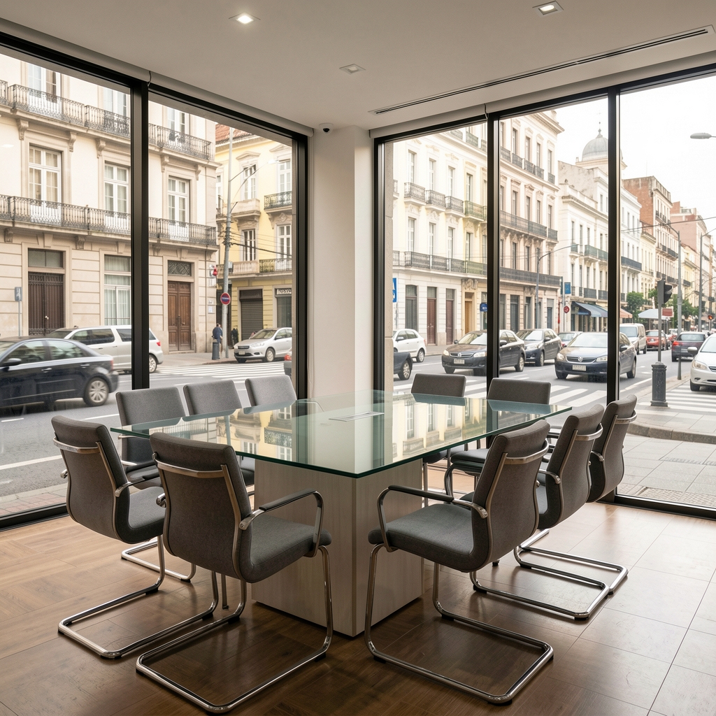 Sala de reuniones con mesa de vidrio, sillas grises y ventanales que dan a la avenida Corrientes en Buenos Aires