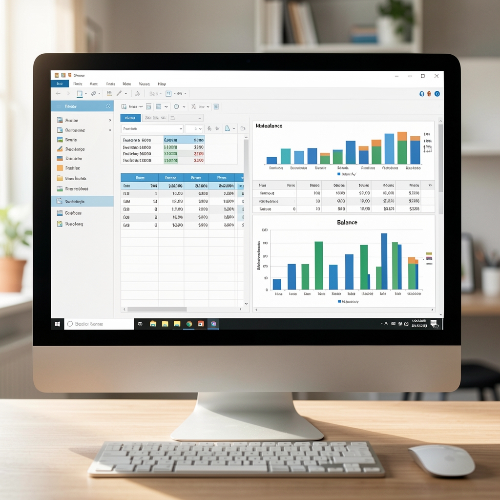 Pantalla de computadora mostrando un sistema de software contable con planillas y gráficos de balance