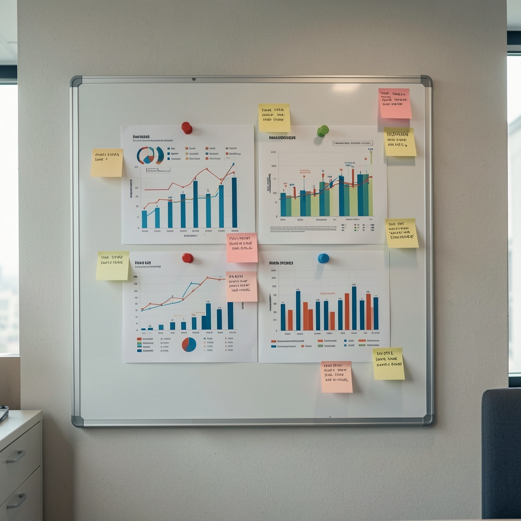 Tablero con gráficos financieros impresos y notas adhesivas sobre una pared de oficina